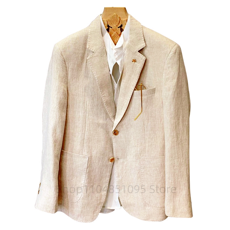 Men Formal Wear For Summer - Beżowe męskie garnitury lniane marynarki kurtki