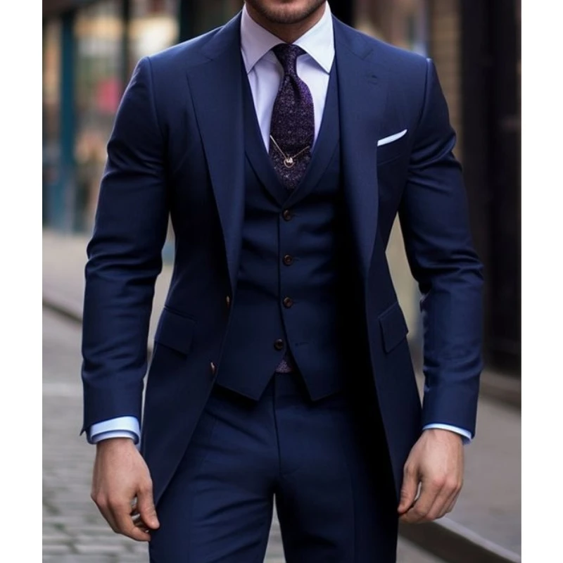 Men Formal Wear Blue - Granatowy 3-częściowy garnitur męski Slim Fit