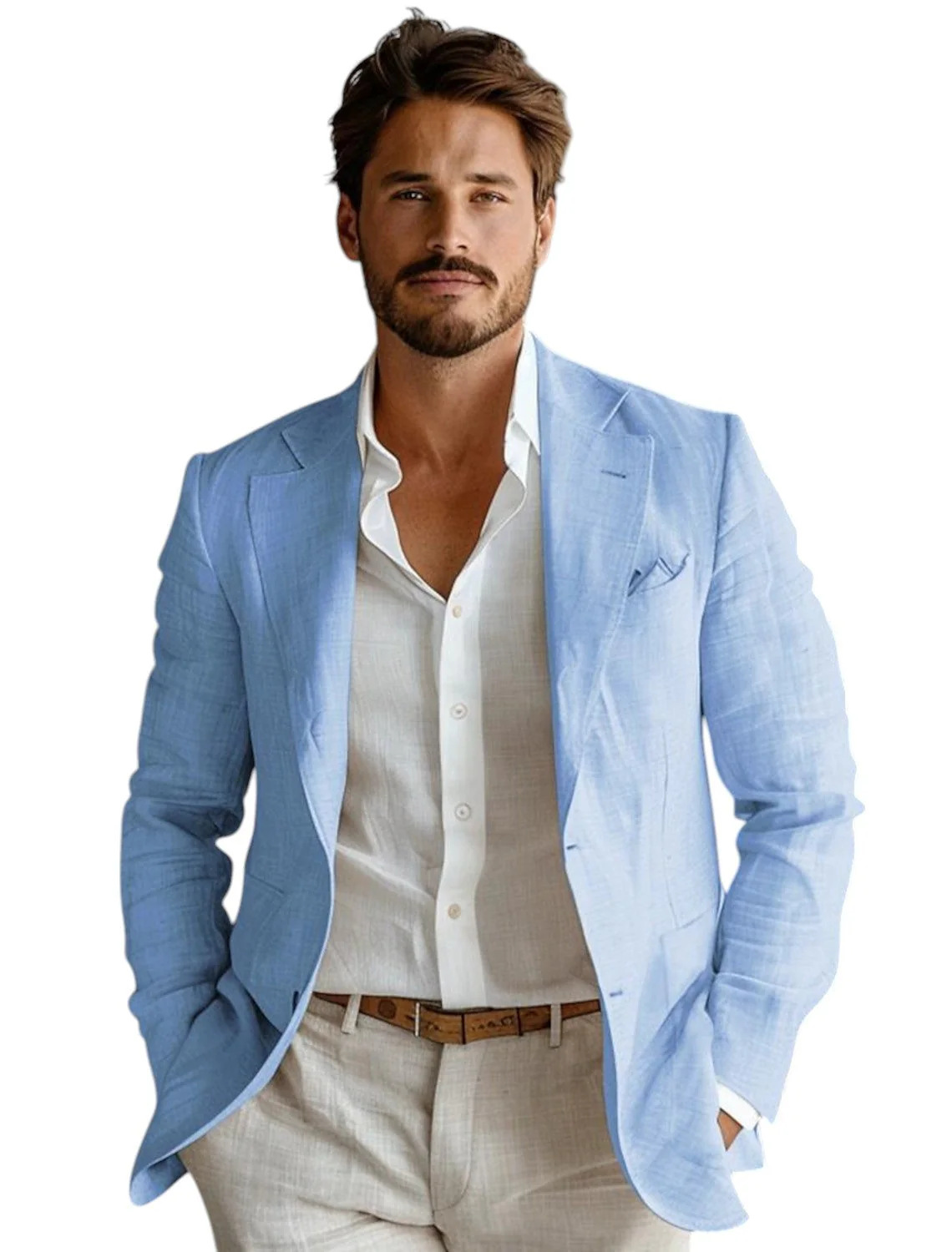Men Formal Wear Blue - Niebieska, dopasowana lniana marynarka męska, casualowa,